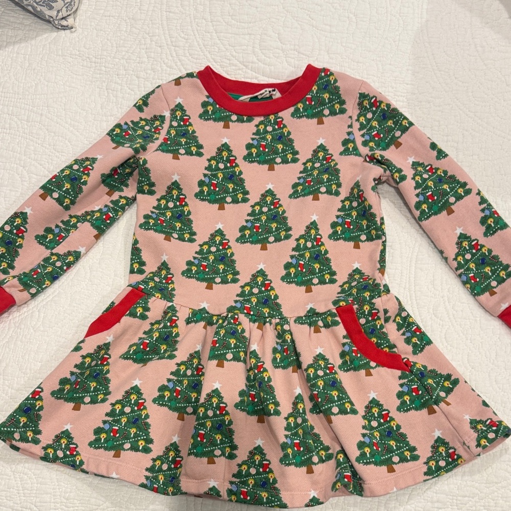 Mini Boden Pink and Green Christmas Tree Dress